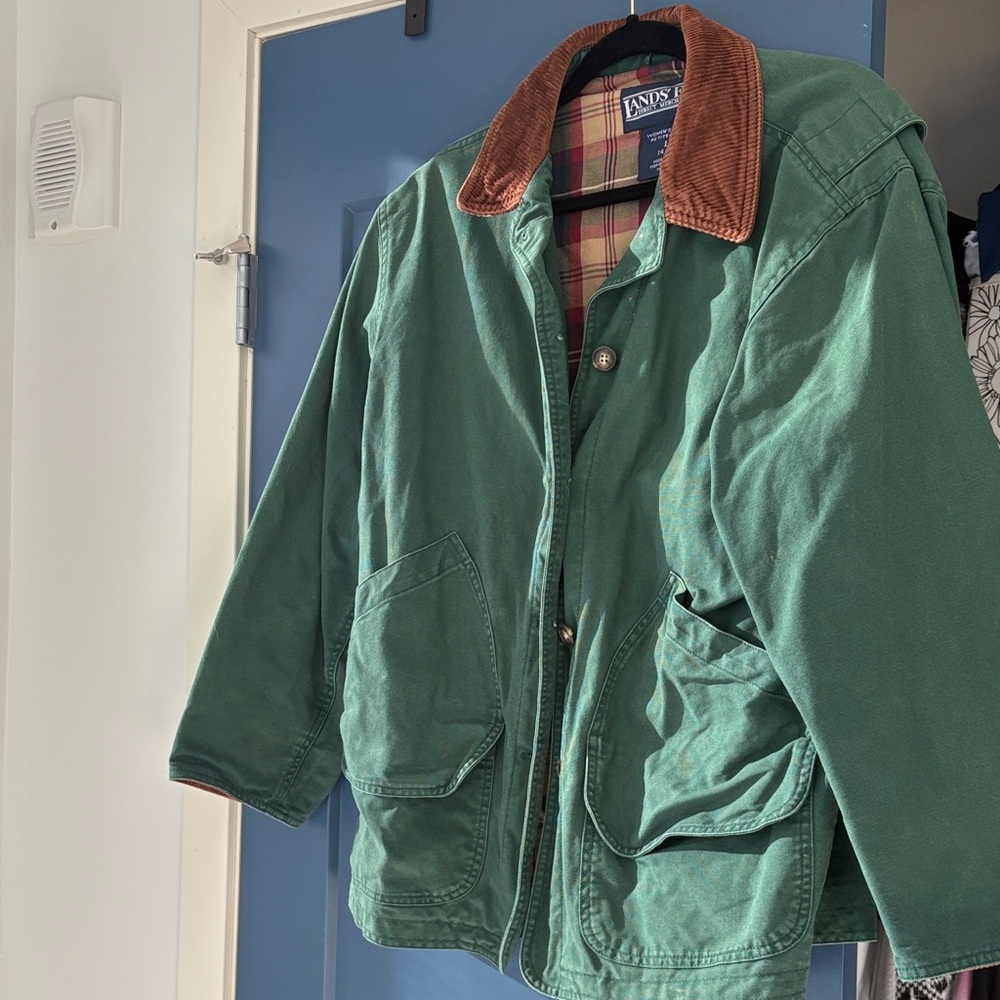 Lands' End Green Chore Coat Barn Jacket with Brown Corduroy Collar size LP